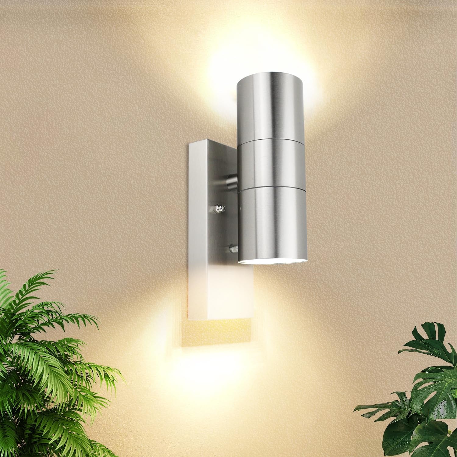 Applique Led in Acciaio Inox, Illuminazione Moderna per Esterni Con Interruttore Crepuscolare Ip44 Illuminazione Verso L'Alto E Verso Il Basso Per, Incl. Lampadina Gu10 5W 500Lm Bianco Caldo