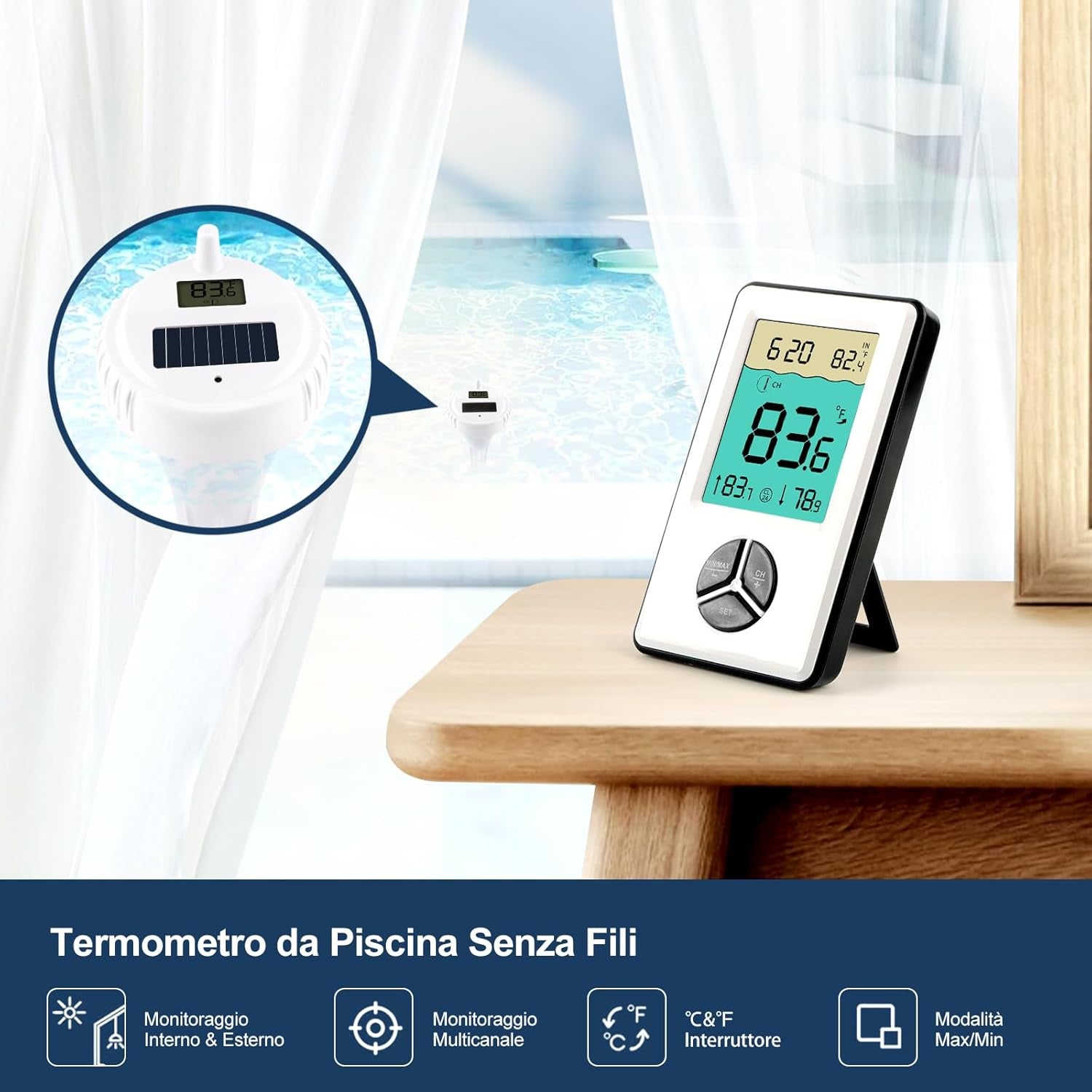 Termometro Digitale per Piscina, Termometro Wireless Con Display Di Facile Lettura Solare per Piscine, Laghetti, Acquari, Vasche per Il Bagnetto, Spa E Altro Ancora