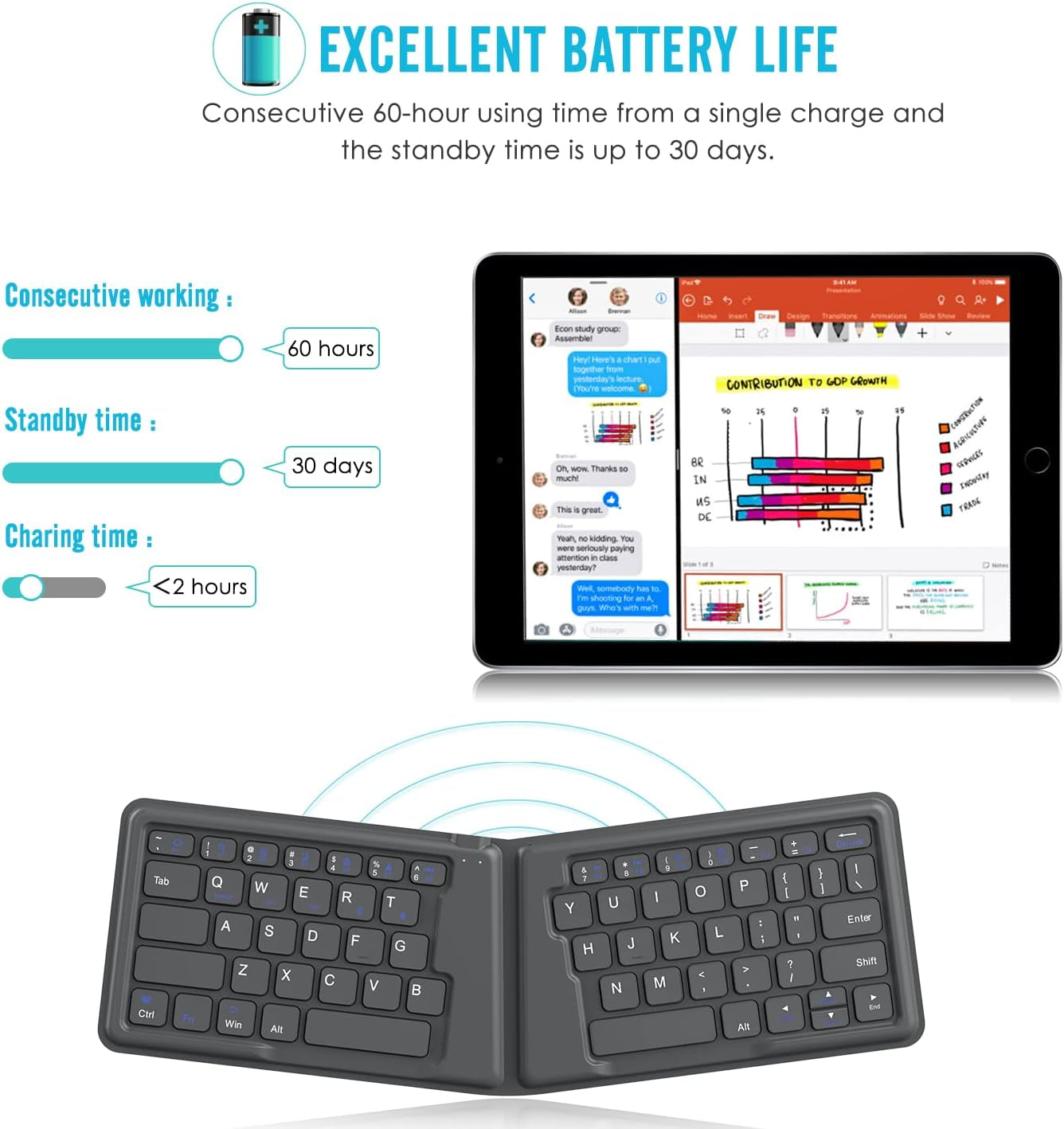 Tastiera Universale Pieghevole, Ultra Sottile Tastiera Wireless Bluetooth Portatile Ricariabile, in Versione Americana/Internazionale, per I Smartphone Ios, Android E Windows, Grigio
