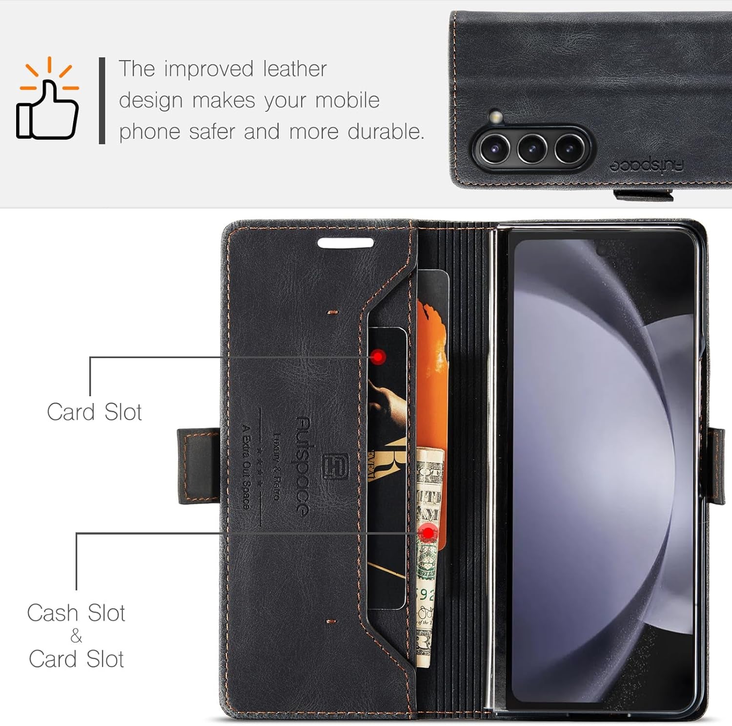 - Custodia a Portafoglio per Galaxy Z Fold 5 Con Blocco RFID, Antiurto [Slot per Schede] [Pelle PU Di Alta Qualità] [Chiusura Magnetica] Custodia Verticale in Pelle Compatibile Con Samsung
