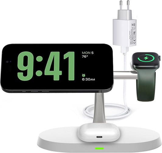 Caricatore Magnetico 3 in 1, Compatibile Con Caricabatterie Magsafe per Iphone 15/14/13/12, Con Adattatore PD, Ricarica Rapida Pieghevole per Apple Watch Ultra/9/8/7/6/5/4 E Airpods Pro/3/2