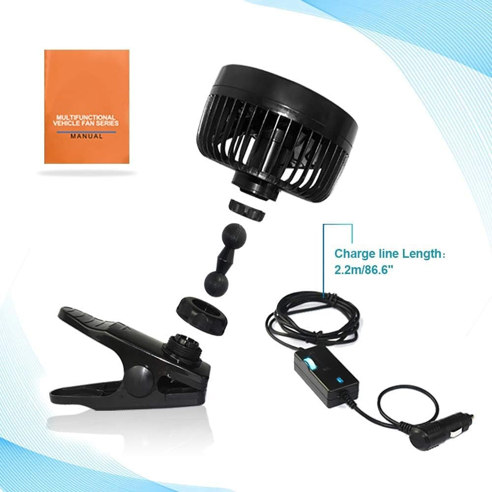 Ventilatore Auto 12 Volt,Ventilatore 12V Con Clip Raffreddamento Ventilatore per Auto 360° Ruotabile,Ventilatori per Auto 12V Con Regolazione Continua Della Velocità per Auto, SUV, Camper-2024 Nuovo