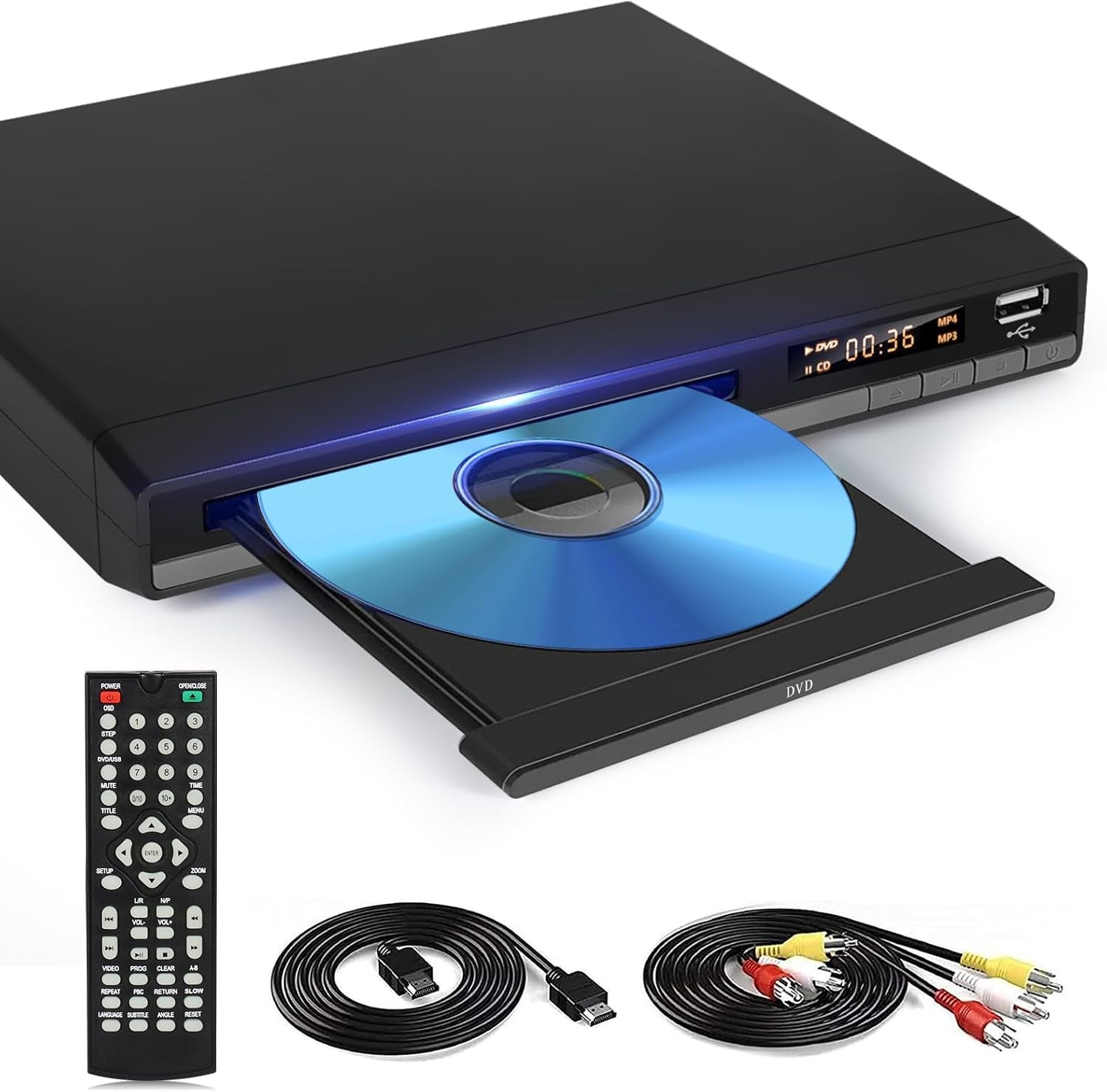 Lettore DVD HD Con Porta HDMI, Region Free per Smart TV, Cavo Di Uscita HDMI/RCA Incluso, Memoria Di Pausa, PAL/NTSC Integrato, Lettori CD per La Casa (Non Blu-Ray)