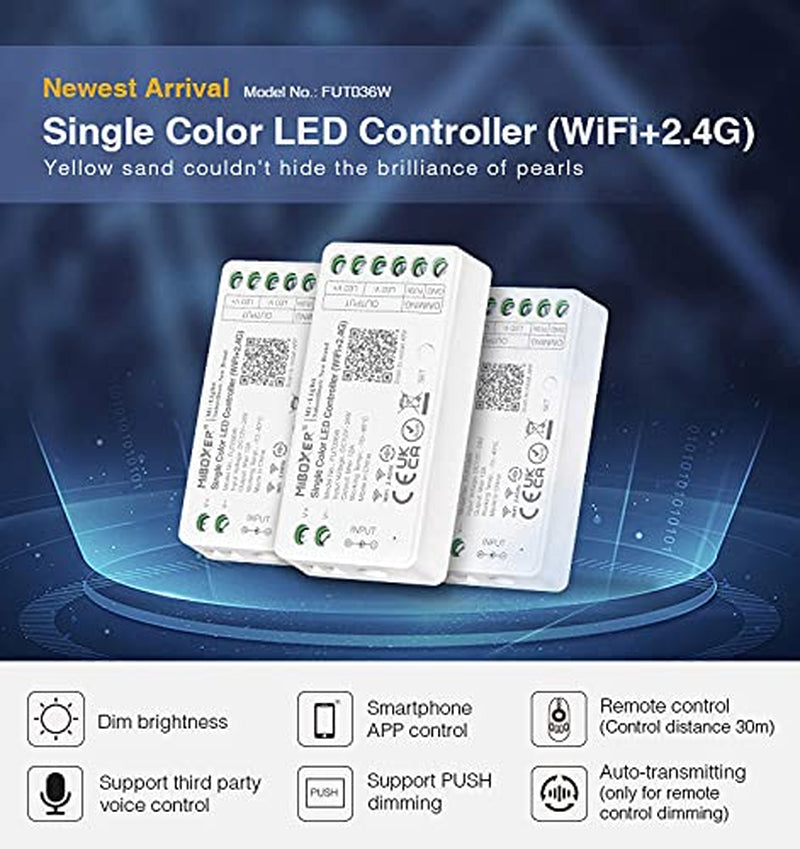 ®, Miboxer Dimmer Controller per Strisce LED Wifi Monocolore, Controllo Vocale Remoto E Controllo APP, Nessun Wifi-Box Necessario, Bluetooth 4.2, FUT036W