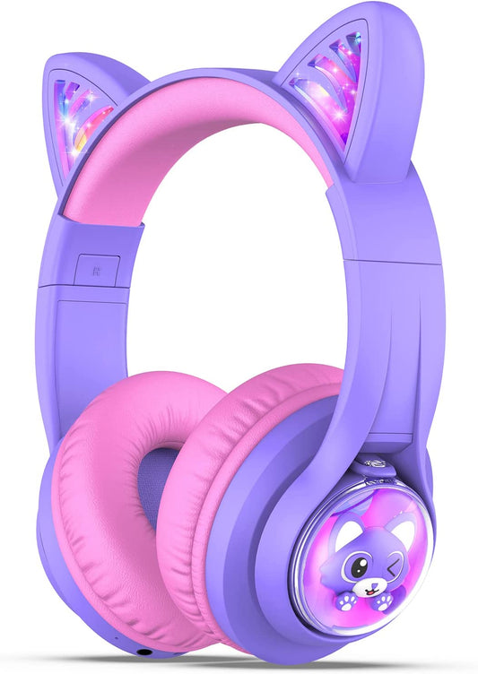Cuffie Bluetooth per Bambini, BTH19 Cuffie per Bambini a Orecchie Da Gatto Con Luci LED, Limite Di Volume 74/85/94Dba, Tempo Di Riproduzione 45 Ore, Cuffie Wireless Sovraurali Con Microfono