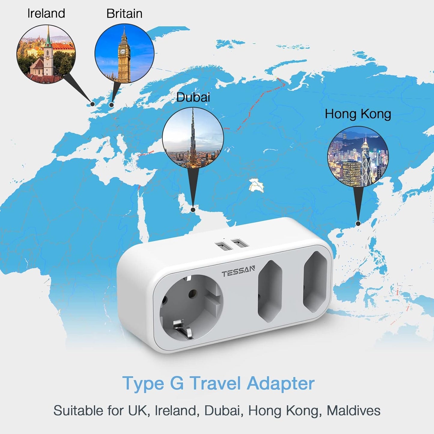 5 in 1 Adattatore Spina Inglese UK Inghilterra, Adattatore Da Viaggio Con 3 Prese E 2 USB, Adattatore Spina Francese Europa a Regno Unito per Irlanda Dubai Maldive, Caricatore UK, Tipo G