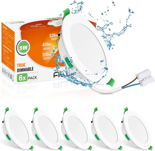 6 Faretti LED Da Incasso, 5W 400LM Luci Da Soffitto Interno, Dimmerabile IP65 per Bagno, Bianco Caldo 3000K Bianca Naturale 4000K Bianco Freddo 6500K, Apertura Ø75-85Mm, Ultra Sottile 30Mm