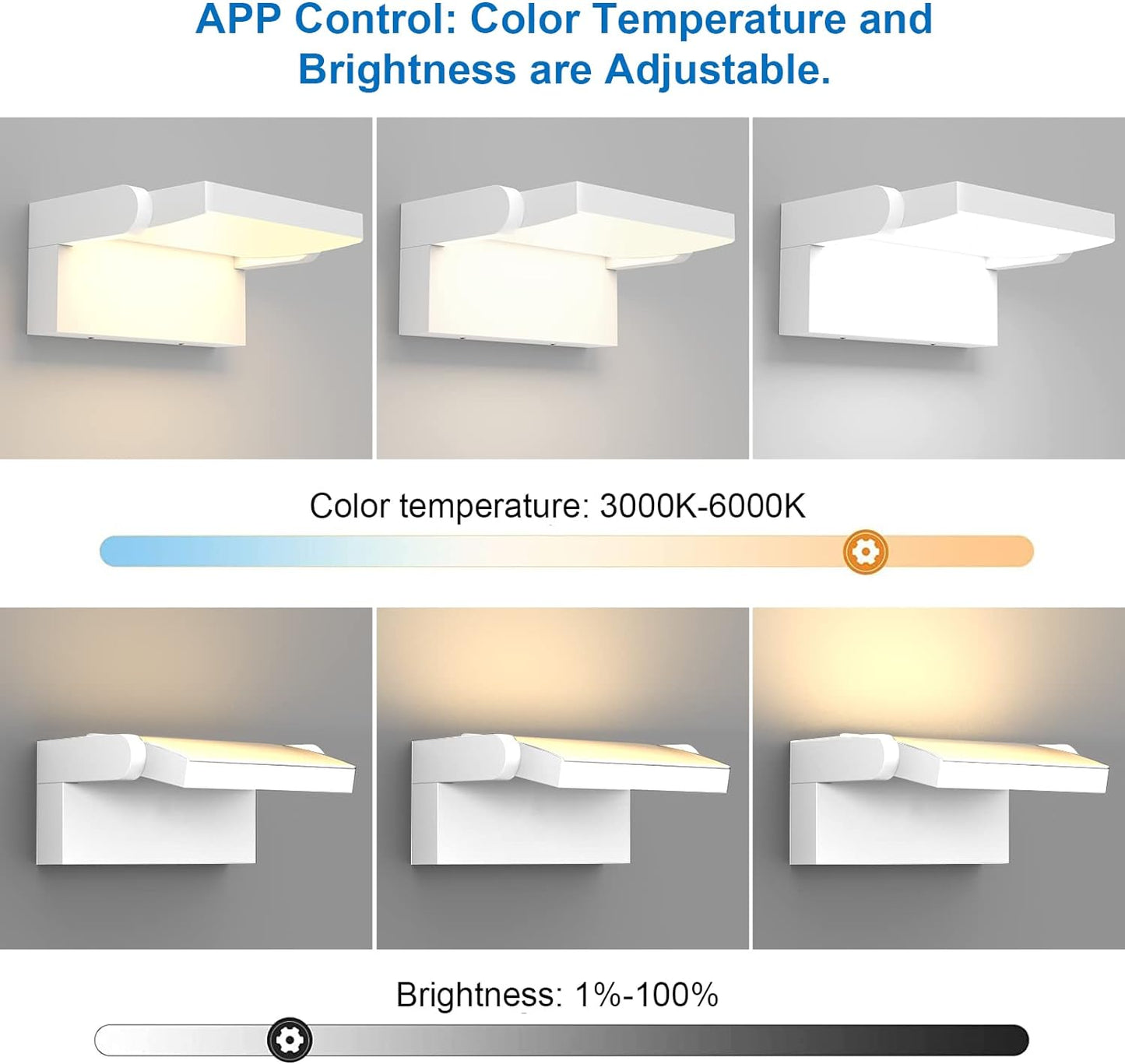 Applique LED Dimmerabile Esterno Interno 24W Controllo APP, Timer, IP65 Luci Da Parete, Lampade Da Parete Regolabile Moderno in Alluminio per Ingresso Balconi Giardini, Bianco, 3000K-6000K