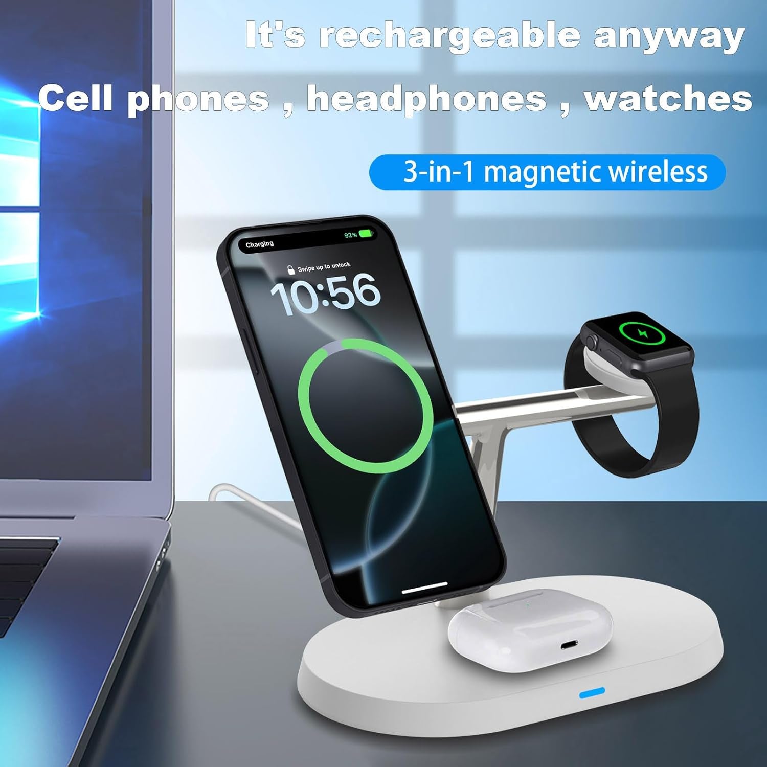 Caricatore Magnetico 3 in 1, Compatibile Con Caricabatterie Magsafe per Iphone 15/14/13/12, Con Adattatore PD, Ricarica Rapida Pieghevole per Apple Watch Ultra/9/8/7/6/5/4 E Airpods Pro/3/2