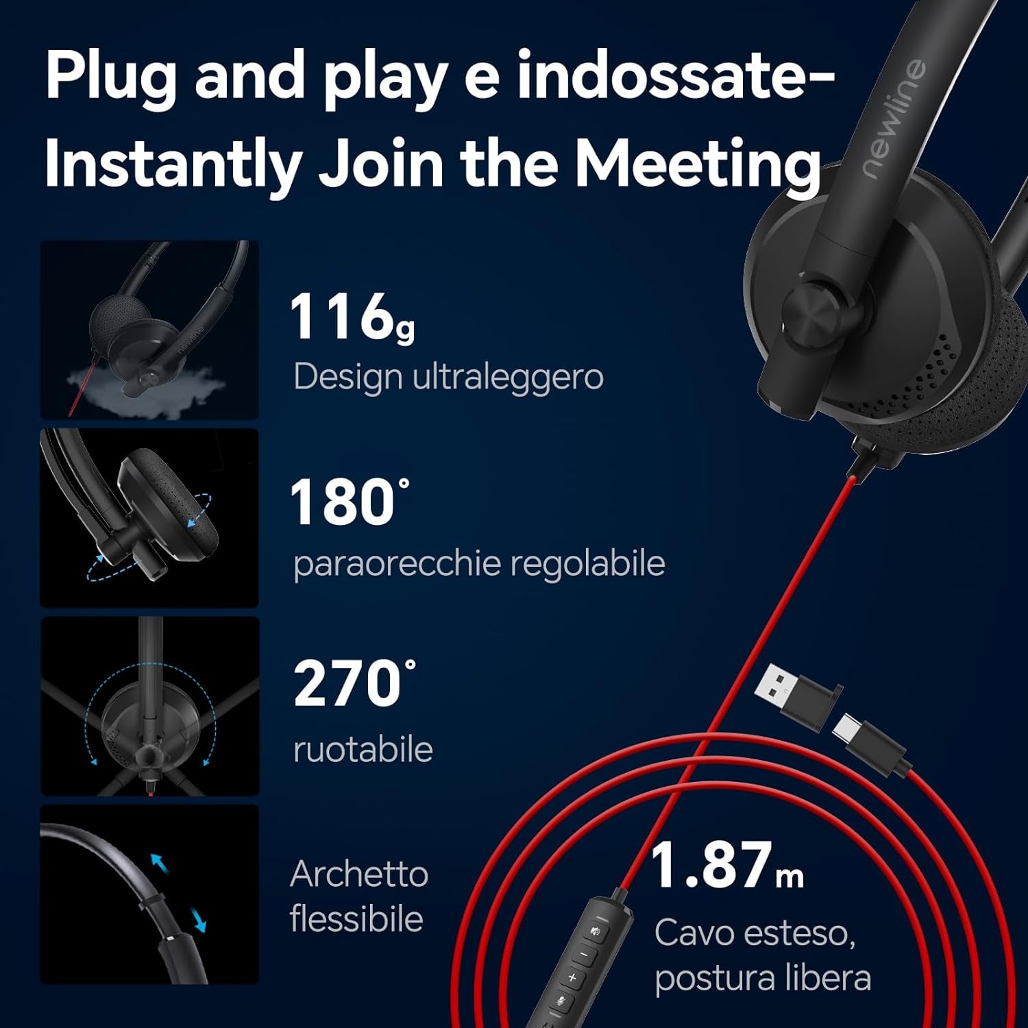 Cuffie per PC Con Microfono USB Super Riduzione Rumore, Comfort Di Utilizzo Prolungato, Effetto Sonoro Hifi, Cavo Di 1,87 Metri, Headset