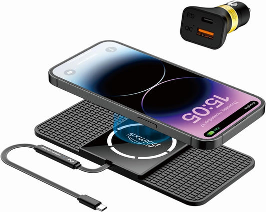 Tappetino Di Ricarica Wireless Magnetico per Auto,  Tappetino Di Ricarica Wireless Antiscivolo Di Tipo C Da 15 W Con Caricabatterie per Auto Da 40W (Cavo Da 30 Cm)