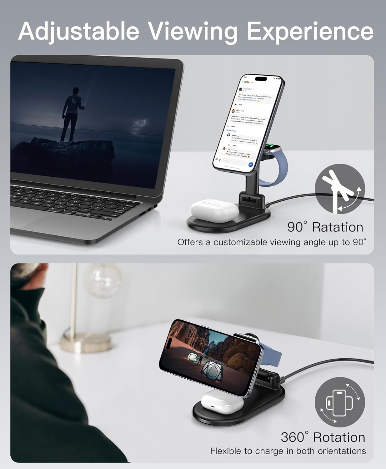 Caricabatterie magnetico Mag-Safe 3 in 1 per iPhone 15 14 13 12 Pro Max/Pro/Mini/Plus, stazione di ricarica pieghevole per Apple Watch Ultra 9 8 7 6 SE 5 4 3, caricabatterie wireless per Air Pod - Con caricatore USB C da 20 W