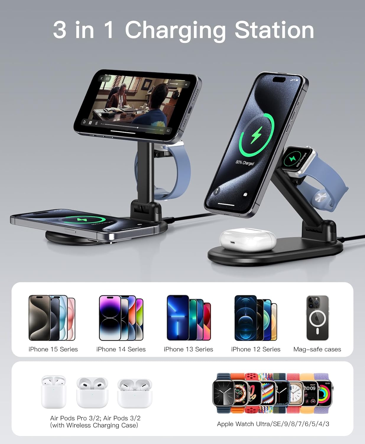 Caricabatterie magnetico Mag-Safe 3 in 1 per iPhone 15 14 13 12 Pro Max/Pro/Mini/Plus, stazione di ricarica pieghevole per Apple Watch Ultra 9 8 7 6 SE 5 4 3, caricabatterie wireless per Air Pod - Con caricatore USB C da 20 W
