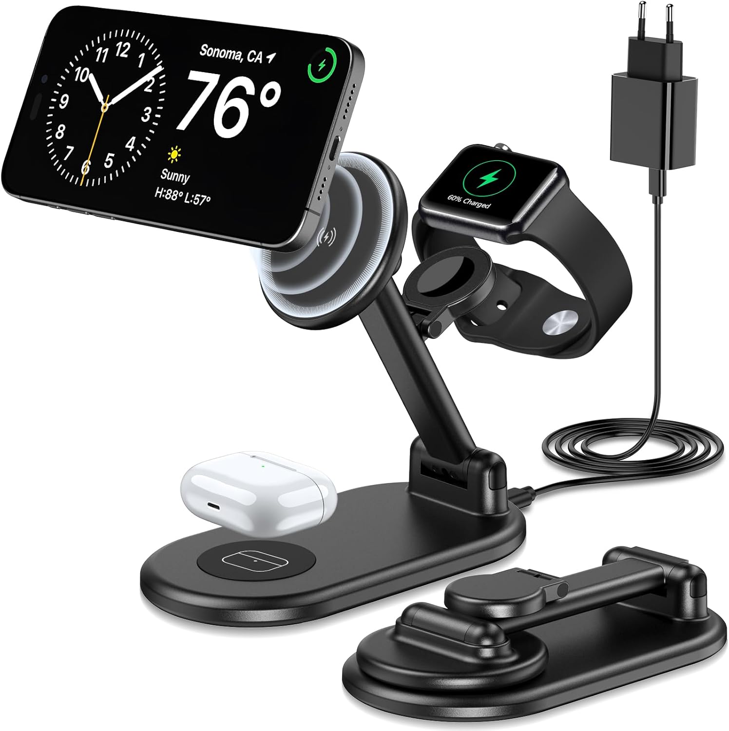 Caricabatterie magnetico Mag-Safe 3 in 1 per iPhone 15 14 13 12 Pro Max/Pro/Mini/Plus, stazione di ricarica pieghevole per Apple Watch Ultra 9 8 7 6 SE 5 4 3, caricabatterie wireless per Air Pod - Con caricatore USB C da 20 W