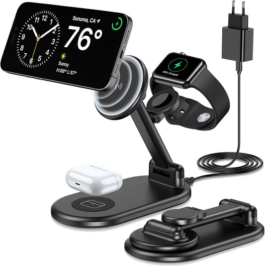 Caricabatterie magnetico Mag-Safe 3 in 1 per iPhone 15 14 13 12 Pro Max/Pro/Mini/Plus, stazione di ricarica pieghevole per Apple Watch Ultra 9 8 7 6 SE 5 4 3, caricabatterie wireless per Air Pod - Con caricatore USB C da 20 W