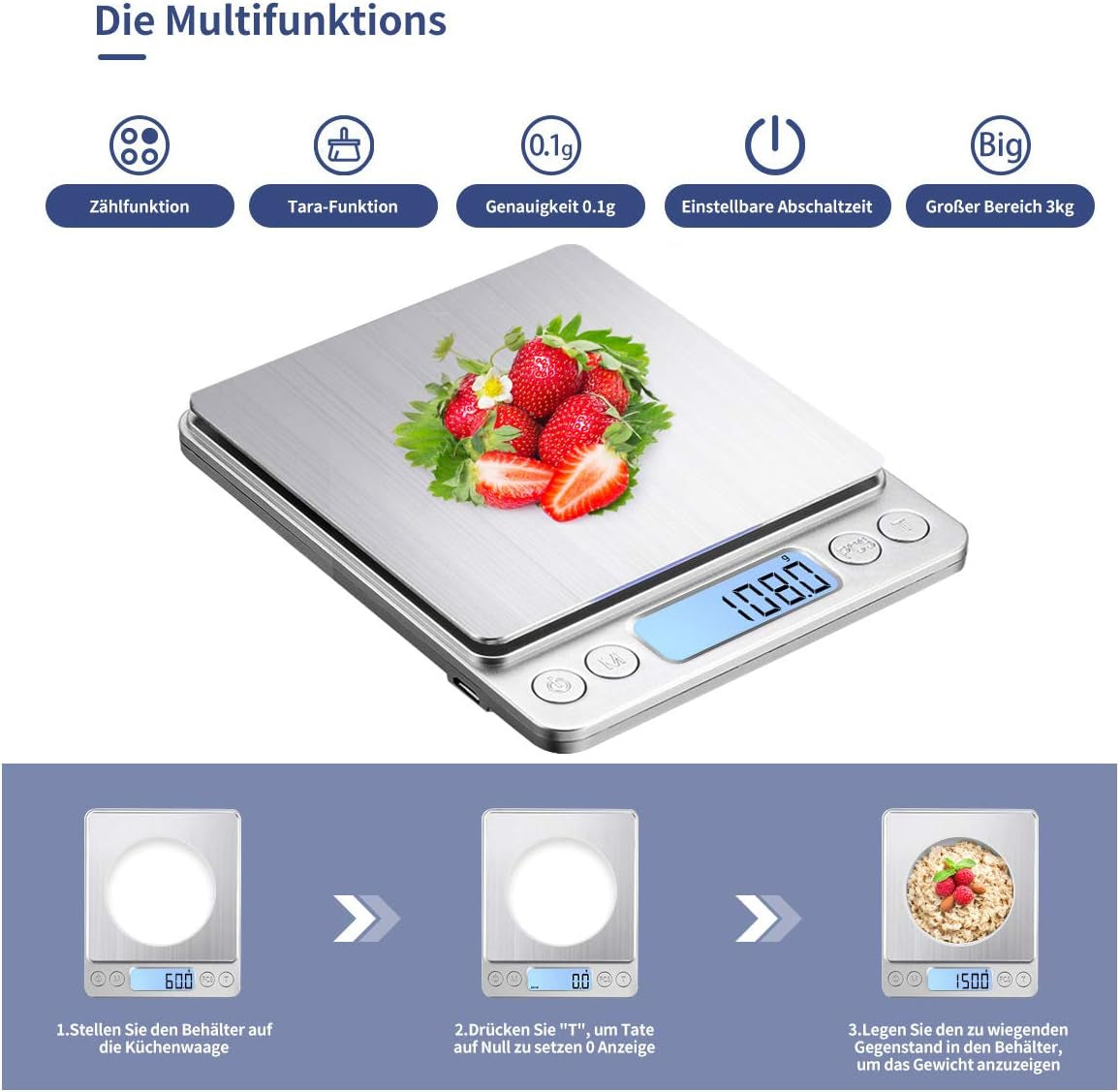 Bilancia Digitale Da Cucina Con USB, 3 Kg/0,1 G, Ad Alta Precisione, per Ingredienti Di Cottura, Gioielli, Francobolli E Caffè in Acciaio Inox