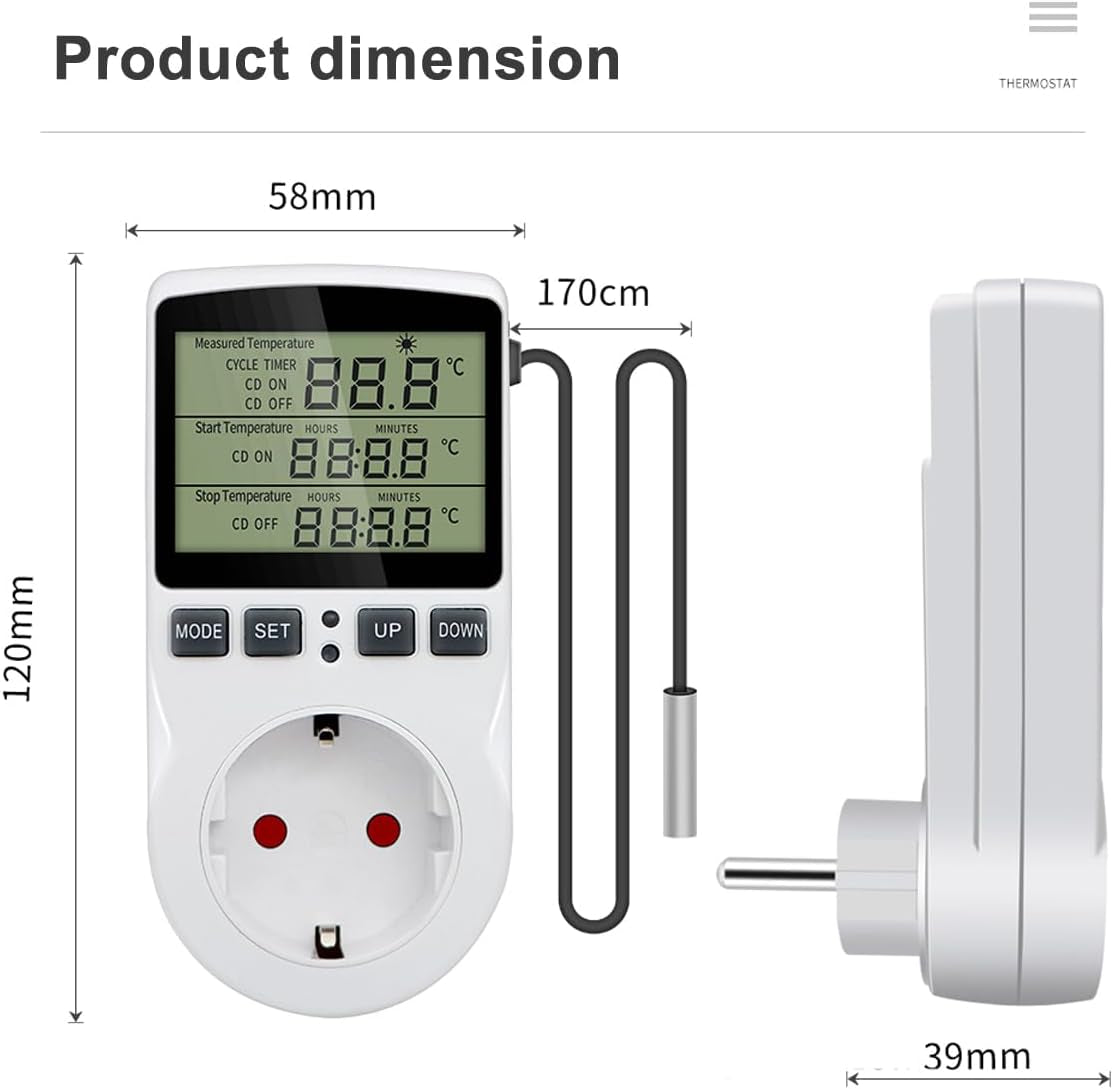 1PC Presa per Regolatore Di Temperatura Digitale AC 230V Con Sonda Sensore,Presa per Termostato per Riscaldamento E Raffreddamento Con Timer,Interruttore Termostato Con Display a LED per Serra