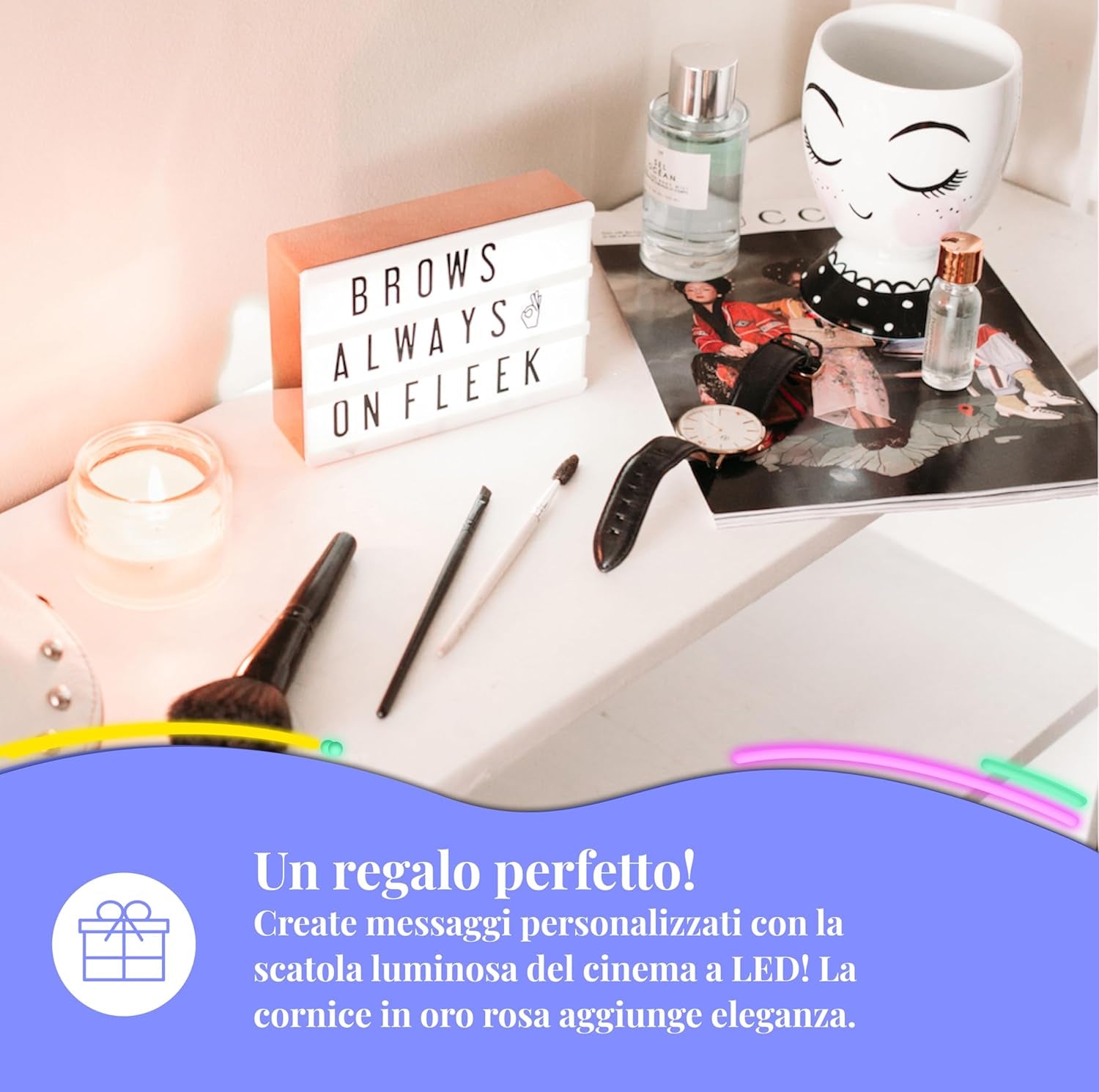 My Cinema Lightbox - Scatola Luminosa in Oro Rosa, 10,2 X 15,2 Cm - Scatola Luminosa Con Micro LED per Bambini Con 100 Lettere, Numeri Ed Emoji - Mini Cartello Fai Da Te, Con Cavo USB Intrecciato In
