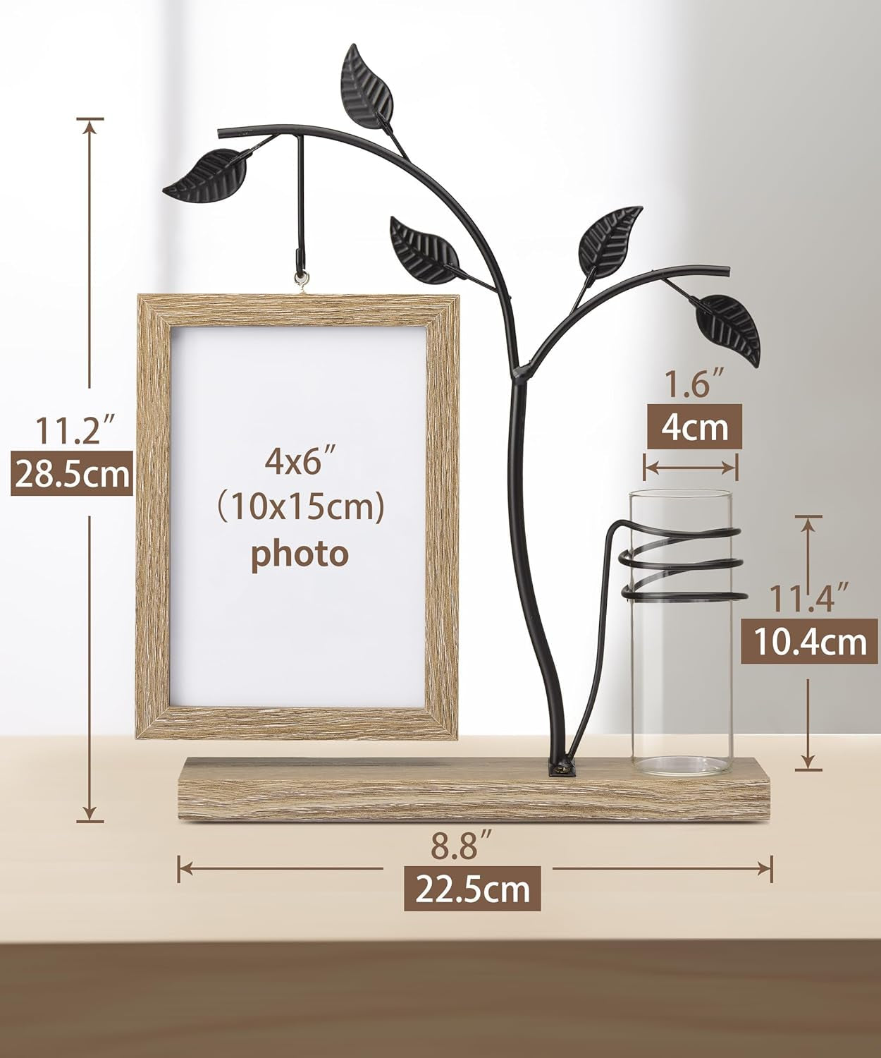 Cornice Foto Legno 10X15 Cm Bifacciale Con Albero in Metallo E Vaso Marrone Naturale per 2 Foto