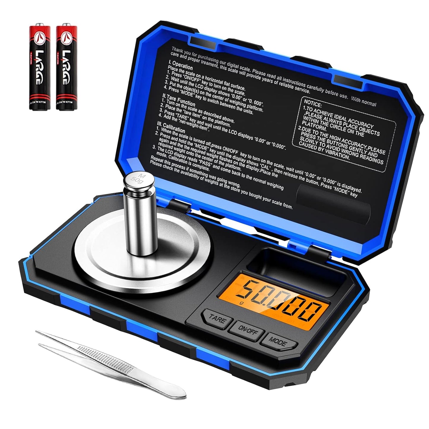 Báscula Digital De Precisión 50G/0.001G,  Mini Bilancia Da Cucina Con Peso Di Calibrazione 50 G E Pinzette, Bilancia Tascabile Con Display Tara E Retroilluminato (Batterie Incluse) - Blu