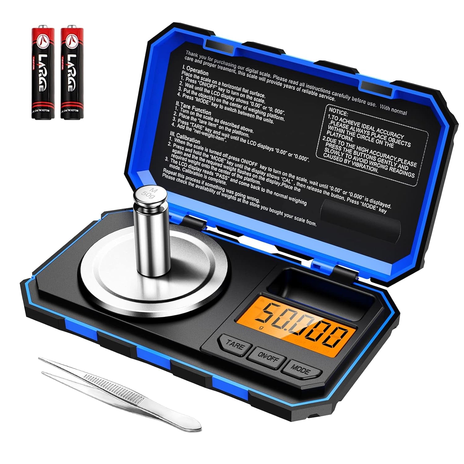Báscula Digital De Precisión 50G/0.001G,  Mini Bilancia Da Cucina Con Peso Di Calibrazione 50 G E Pinzette, Bilancia Tascabile Con Display Tara E Retroilluminato (Batterie Incluse) - Blu