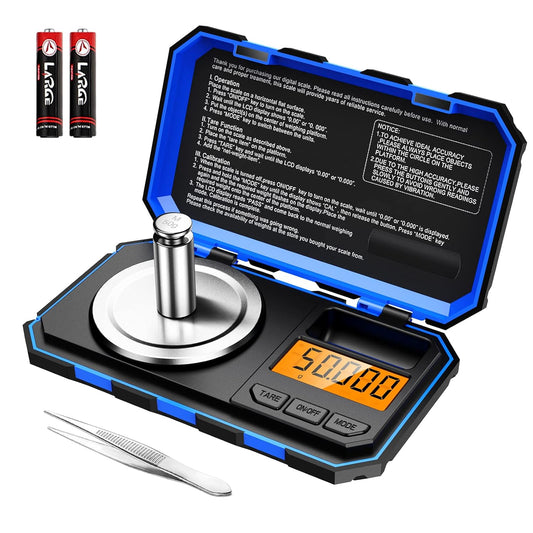 Báscula Digital De Precisión 50G/0.001G,  Mini Bilancia Da Cucina Con Peso Di Calibrazione 50 G E Pinzette, Bilancia Tascabile Con Display Tara E Retroilluminato (Batterie Incluse) - Blu