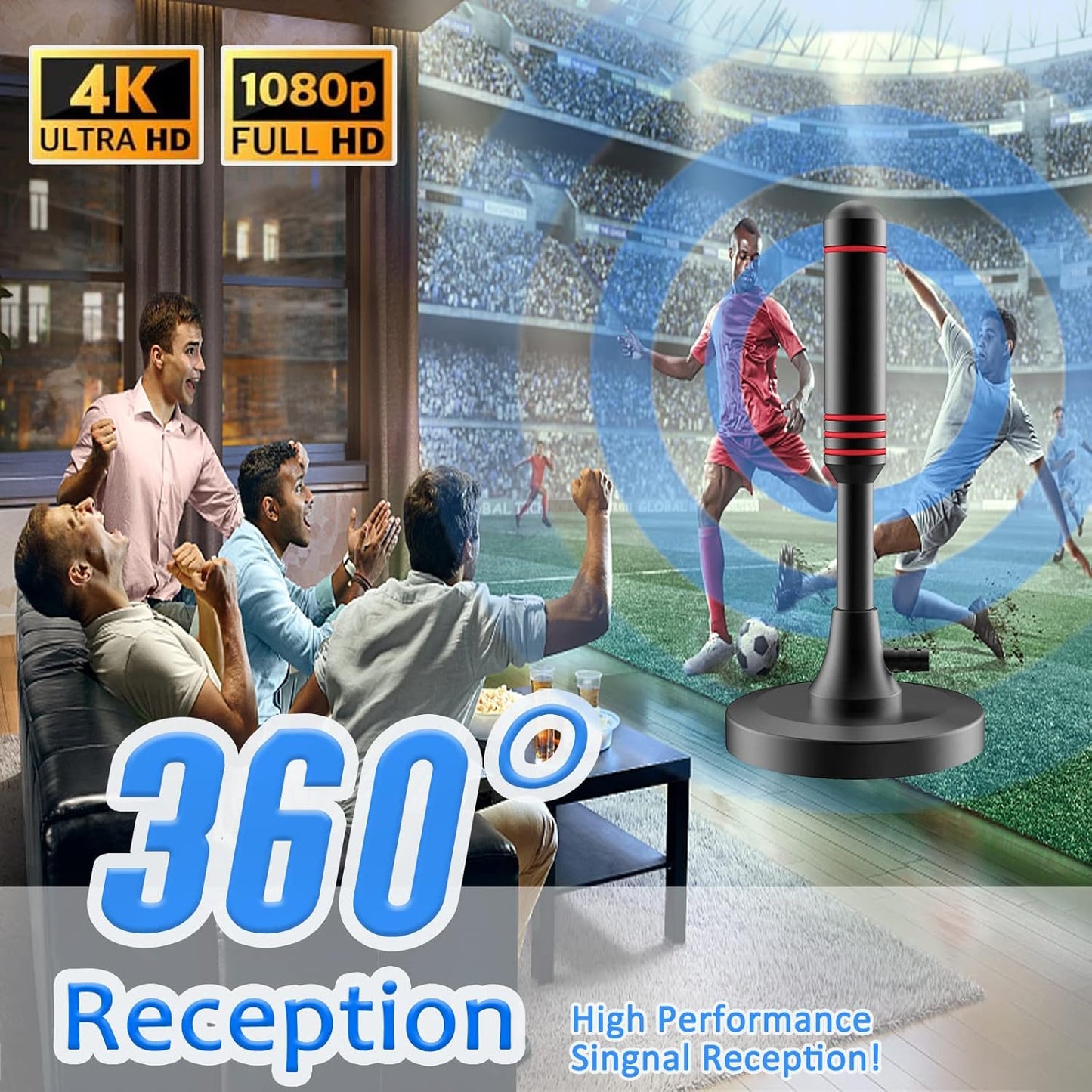 Antenna DVB-T/DVB-T2 Con Amplificatore, Antenna HDTV per TV, Ampia Portata E Ricezione a 360°, Con Base Magnetica, Cavo Da 5 Metri, Supporta Canali HD 4K E Tutti I Dispositivi TV