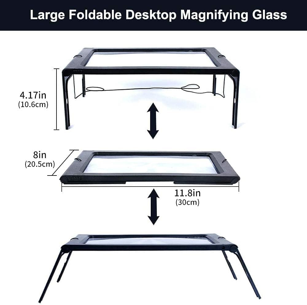 Lente D'Ingrandimento in Formato DIN A4, Strumento Di Lettura a Schermo Intero per Ingrandimento 3X, 12 LED Dimmerabili Antiriflesso, Supporto Pieghevole, Lente Da Lettura Utilizzabile a Mani Libere,