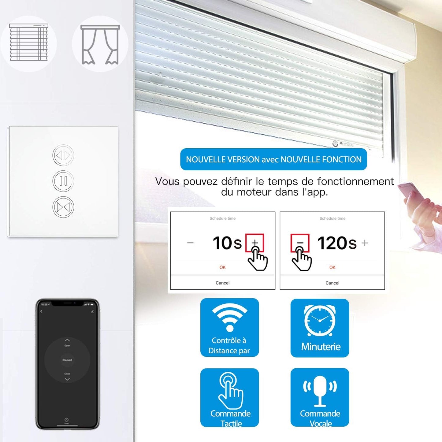 Interruttore Tapparella Collegato, Apertura Regolabile, Interruttore Persiane Tenda Wifi, Compatibile Con Alexa Google Home per Controllo Vocale, Timer Intelligente Motore a Parete