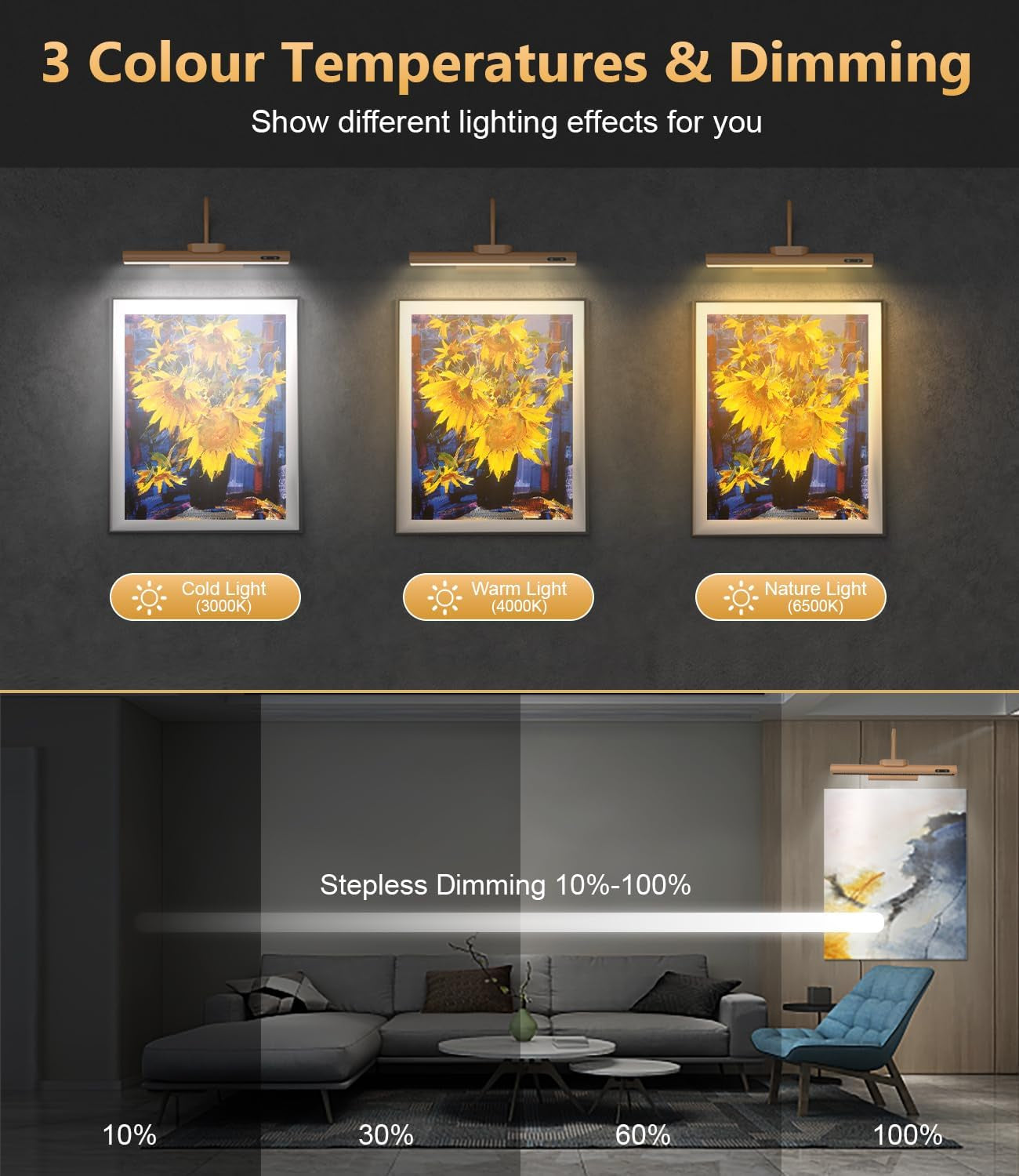 Luci LED per Quadri, Luce LED Da Parete a Batteria Con Telecomando, Con 3 Modalità Di Illuminazione, Luce per Quadri Dimmerabile a Batteria Con Timer, per Pittura, Foto, Ritratto E Arte