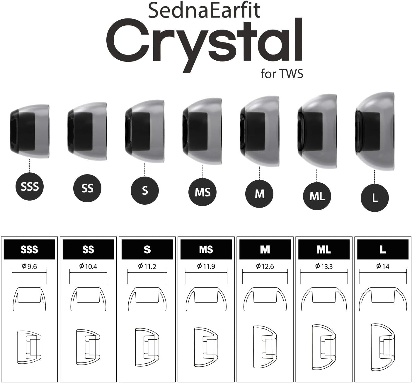 Sednaearfit Crystal per TWS 3 Paia/Galaxy Buds 2 (Taglia M/ML/L 3Pr)