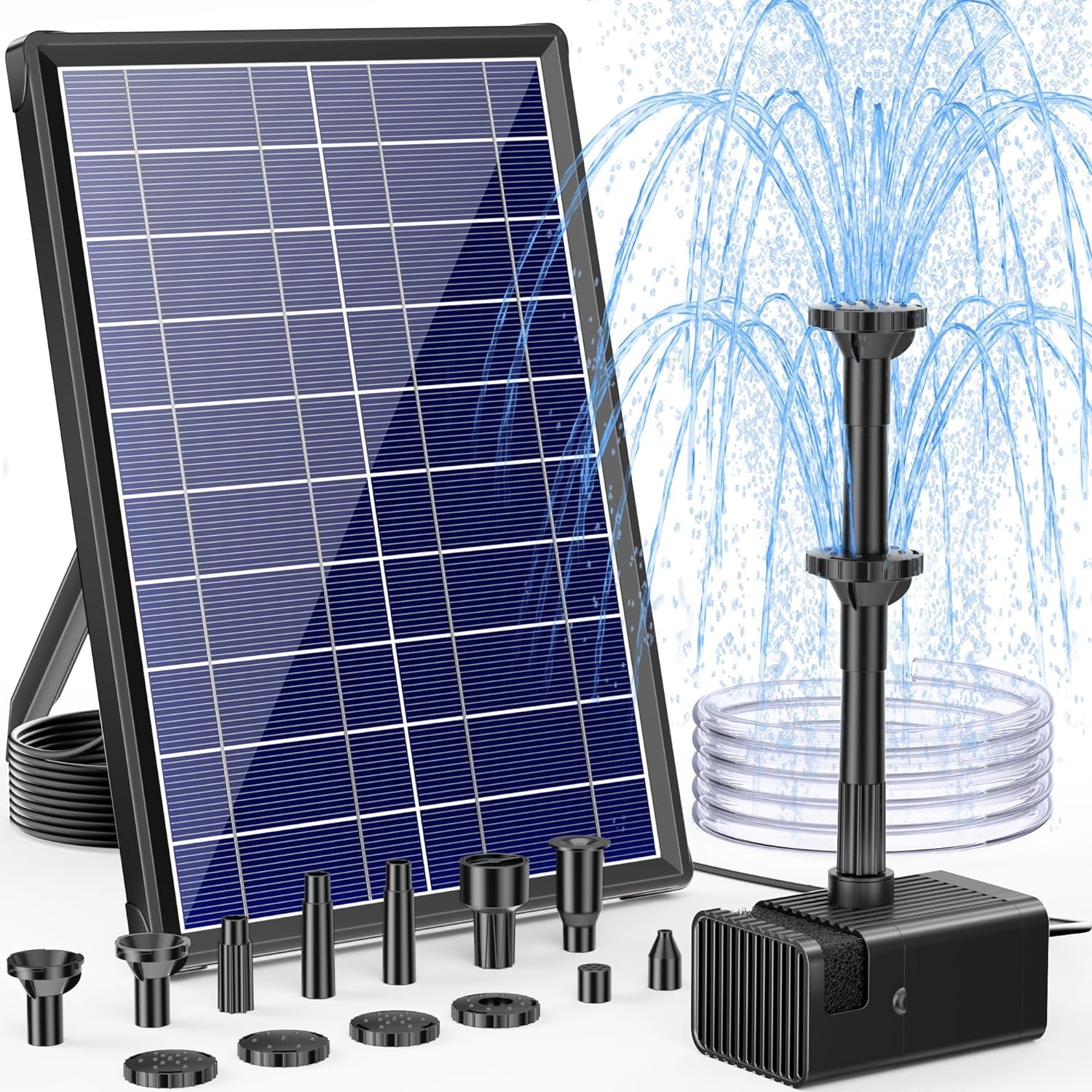 Pompa Solare per Laghetto Da 8 W, Con Batteria, Fontana Solare per Esterni, 3600 Mah, 96GPH, Pompa Solare per Fontane Con Filtro E Tubo Da 1,5 M, 10 Ugelli, Fontana Solare per Giardino, Stagno