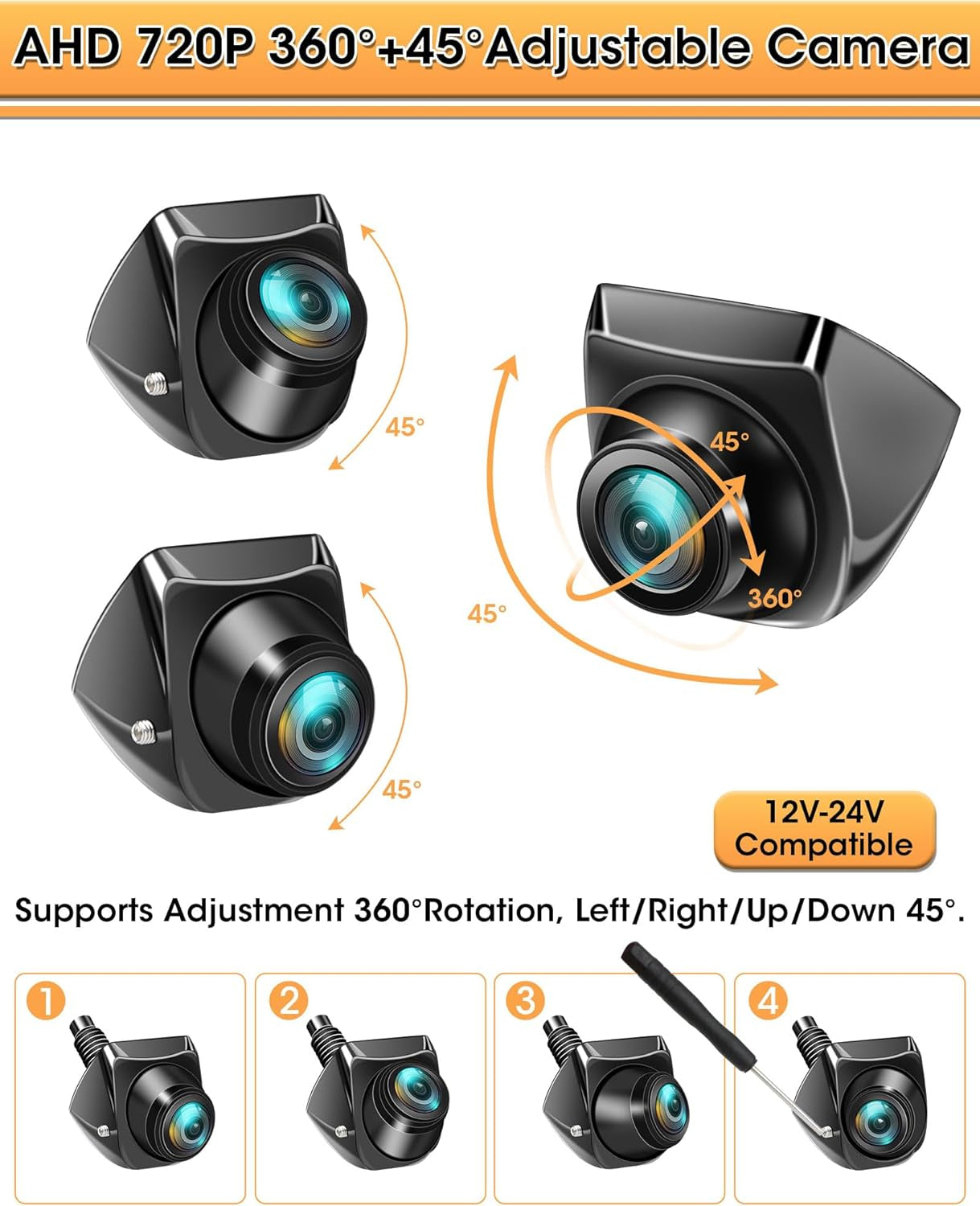 AHD 720P Retrocamera Auto 360° Regolabile Telecamera Auto Retromarcia 170° Grandangolare Visione Notturna IP69K Impermeabile Telecamera Posteriore Auto Supporto 12-24V per Auto/Camper/Suv/Van Assist