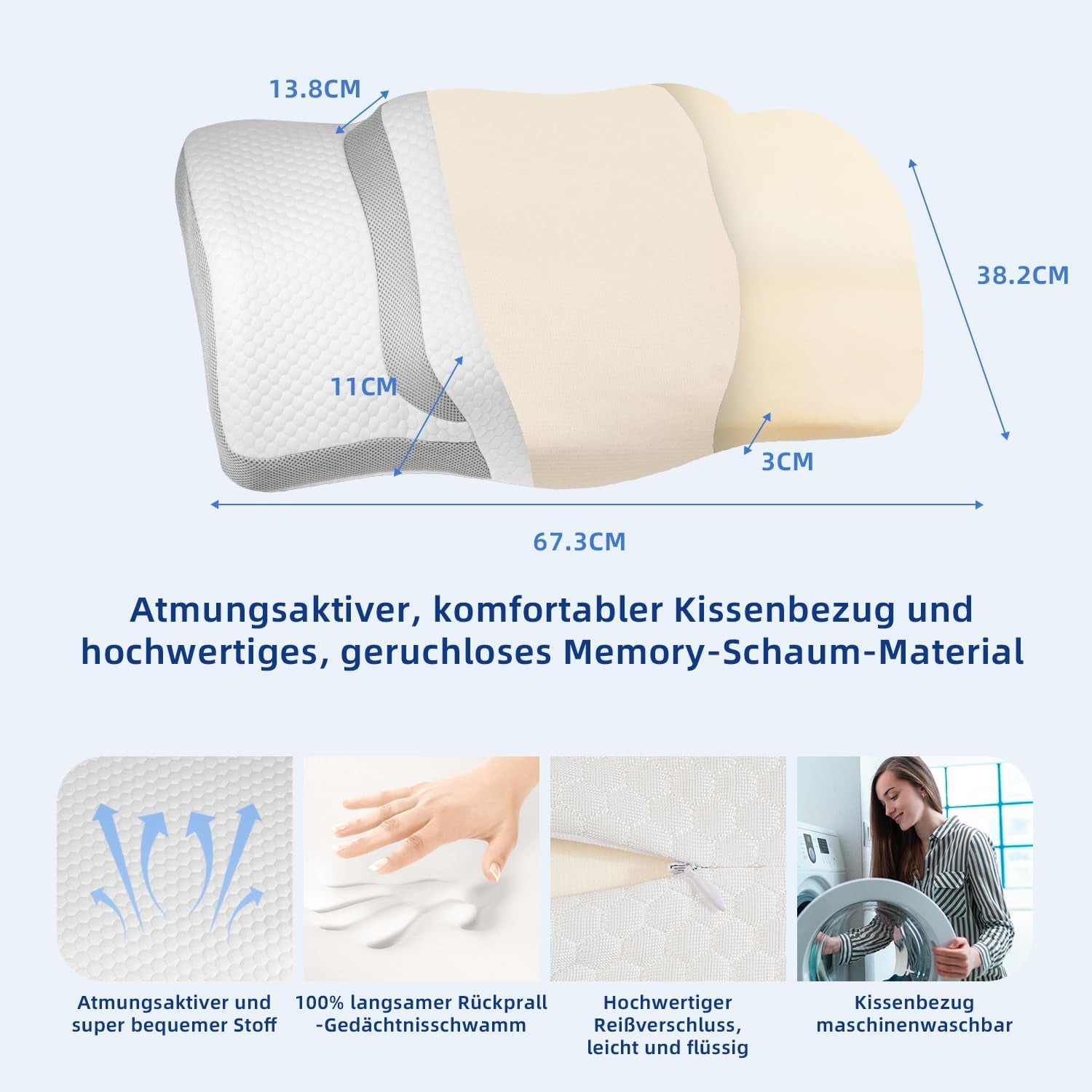 Cuscino Cervicale, Cuscino Ergonomico per Dolori Al Collo, in Memory Foam, Cuscino Ortopedico per Donne, Uomini, Cuscino Anti-Russare per Fianchi, Schiena E Pancia (67,3 X 38,2 X 13,8/3 Cm)