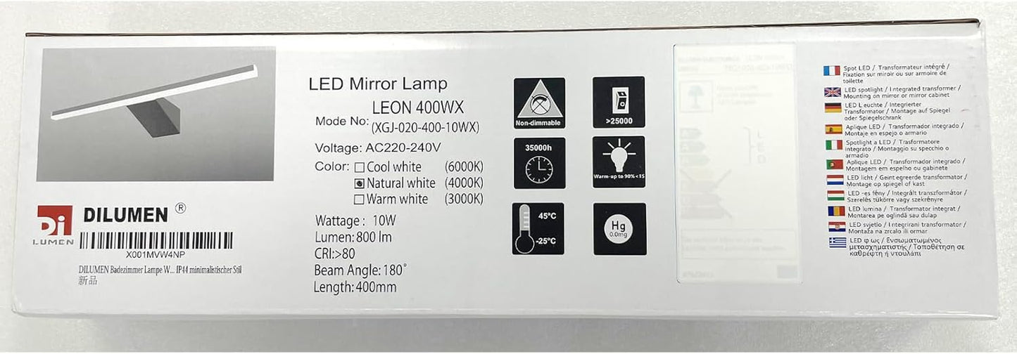 Applique Bagno Specchio Moderno, Acciaio Inossidabile, 40 Cm, Luce Specchio Bagno 10 W 800 Lm, Bianco Neutro 4000 K, Stile Minimalista IP44 Impermeabile(40Cm - 4000K)
