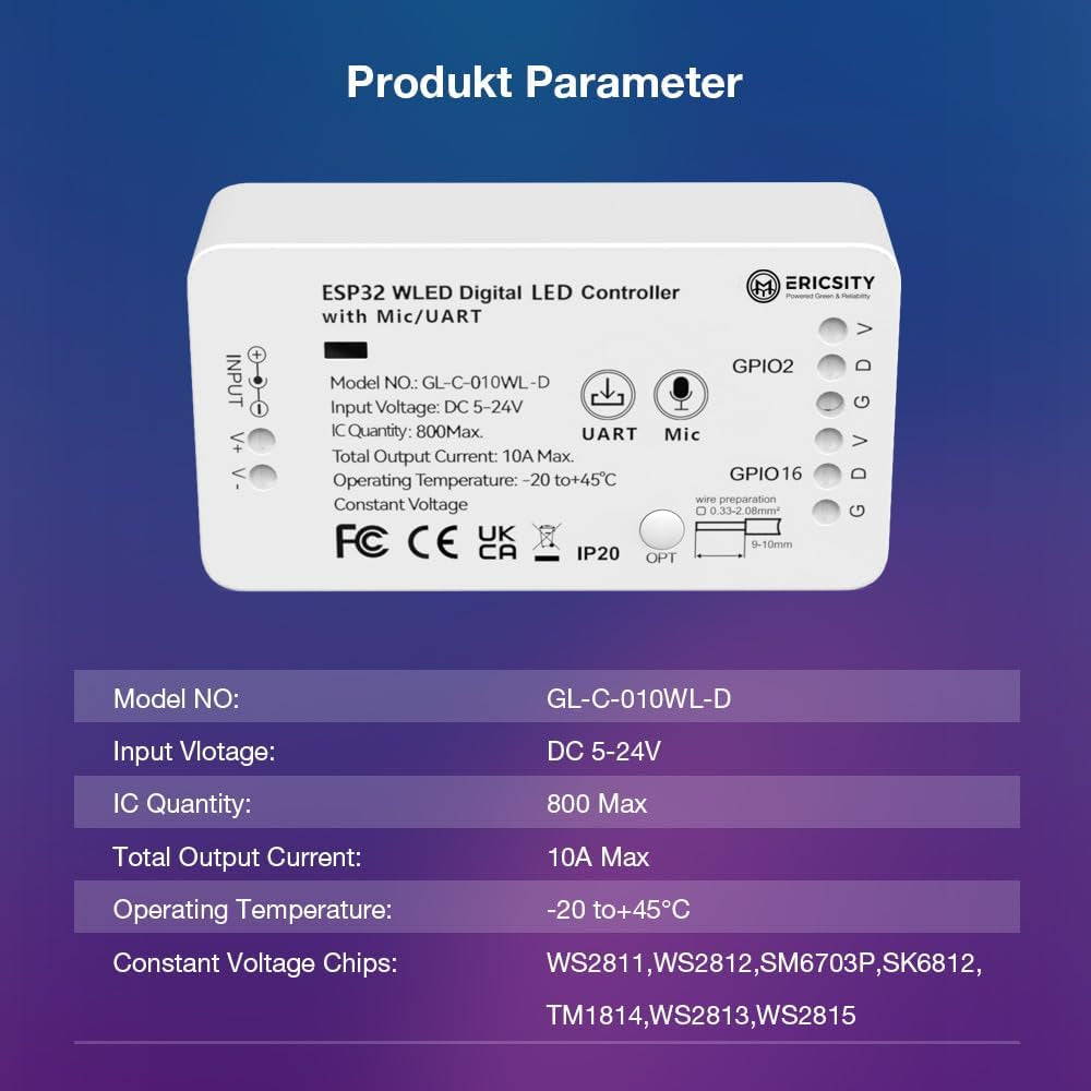 WLED Addressable Strip Controller ESP32, Server Web per Il Controllo Di LED Neopixel (WS2812B, WS2811, SK6812) O Chipset Basati Su SPI 5-24 Volt WIFI Smart LED Installazione Domestica