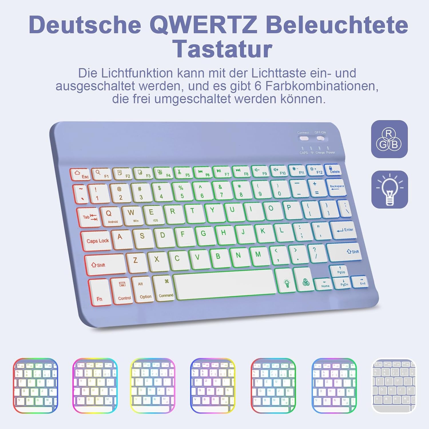 Tastiera Retroilluminata per Samsung Galaxy Tab S9 2023, QWERTZ Tastiera Retroilluminata Rimovibile Con Custodia per Galaxy Tab S9 11 Pollici 2023 (SM-X710/SM-X716B/SM-X718U), Viola