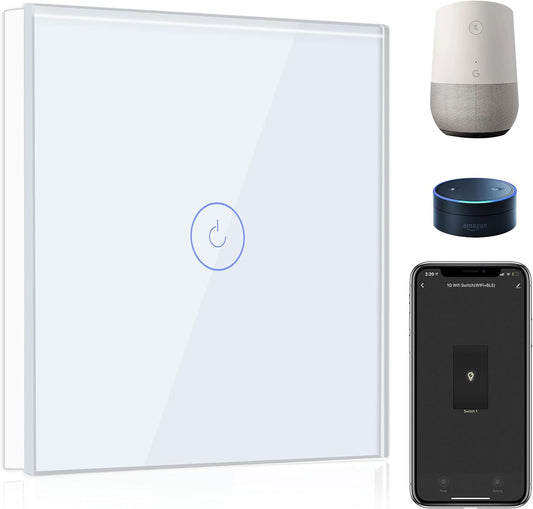 Smart Interruttore Della Luce, Compatibile Con Alexa E Google Home, 1 Gang 1 Way Wifi Touch Switch, Vetro Temperato Touch Screen Interruttori Bianco (Linea Neutra Necessaria)