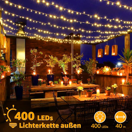 Catena Luminosa Di Natale 400 LED 40M, Luci Stringa Fata Luce Impermeabile Con 8 Modelli Di Illuminazione per Interno Ed Esterno, Feste, Matrimoni, Albero Y Giardino Decorazioni, Bianco Caldo