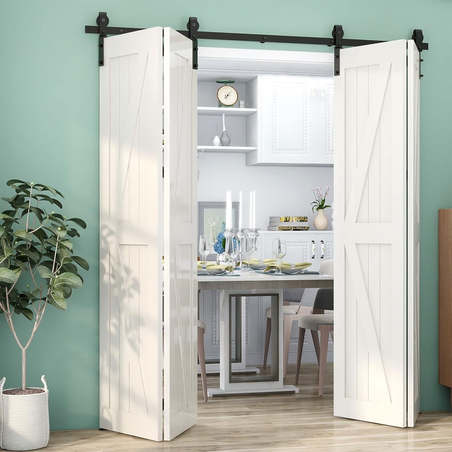 203Cm Binario per Porta Scorrevole Bifold Kit Porta Scorrevole Nera per 4 Porte Scorrevoli Interno Esterno Muro 49Cm Larga