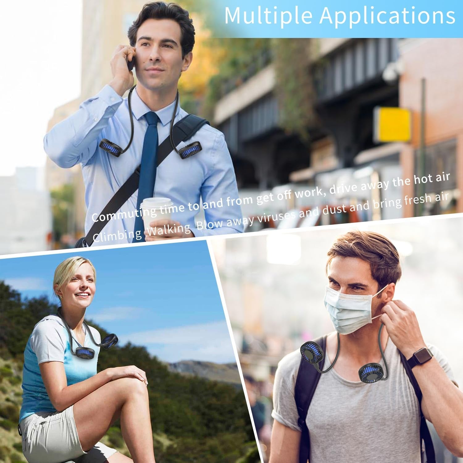 Ventilatore Collo Portatile,5000Mah USB Ventilatore,Mini Doppia Ventola 360° Girevole 6 Velocità 26 Ore Di Orario Di Lavoro per Viaggi,Sport