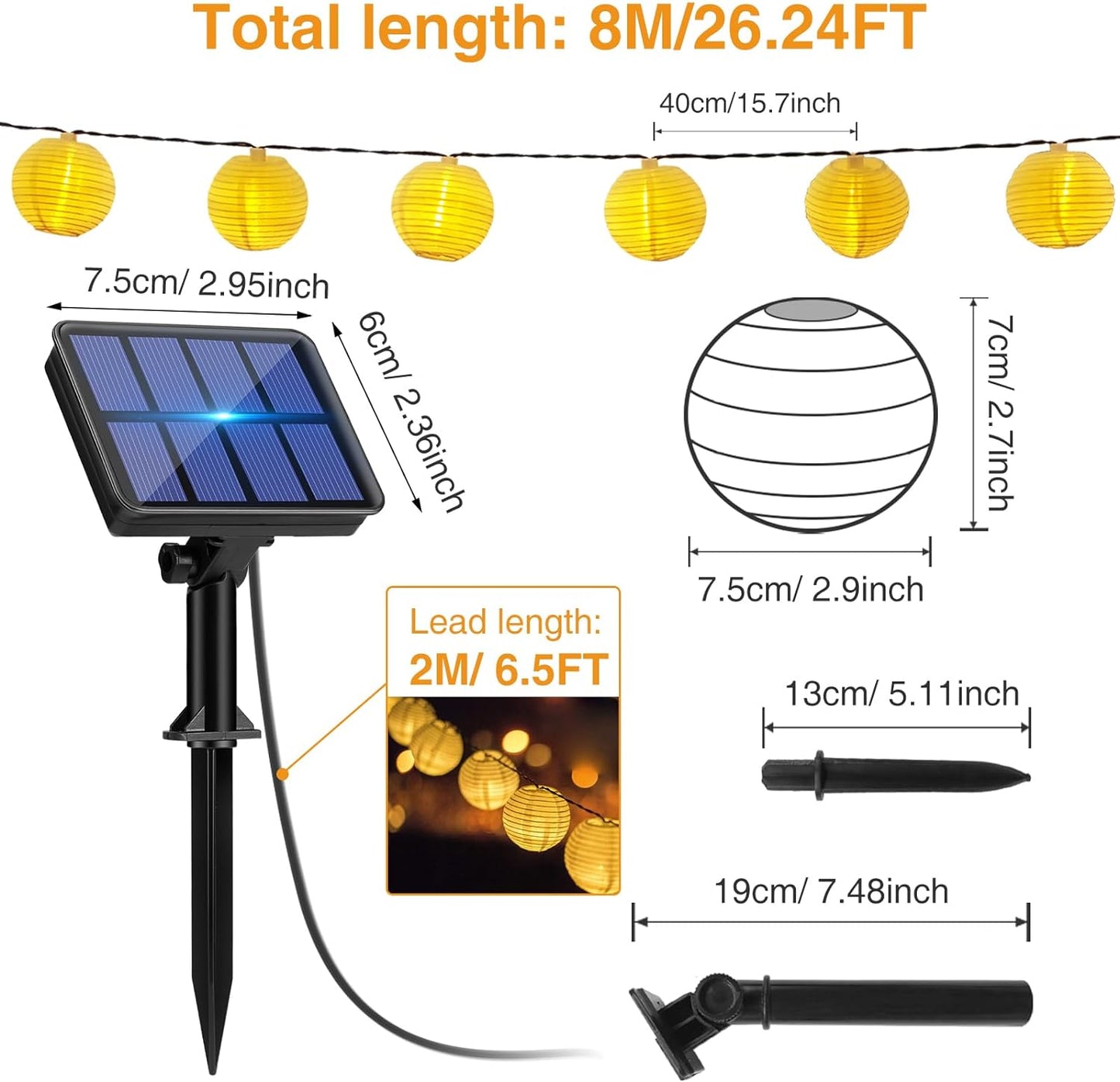 Btfarm Fata luminosa solare Lanterne da esterno, 8M Lanterna da esterno Resistente alle intemperie IP65 Fata luminosa da esterno 8 modalità Fata luminosa solare Decorazione per giardino, balcone, terrazza, cortile (Bianco caldo)