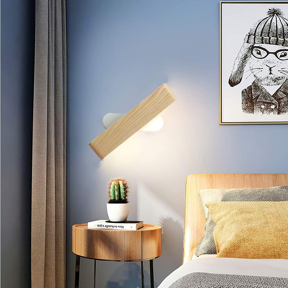 Applique LED, Lampada Da Parete Interno in Legno 360° Girevole per Soggiorno Camera Da Letto Corridoio Bianca Calda (28Cm)