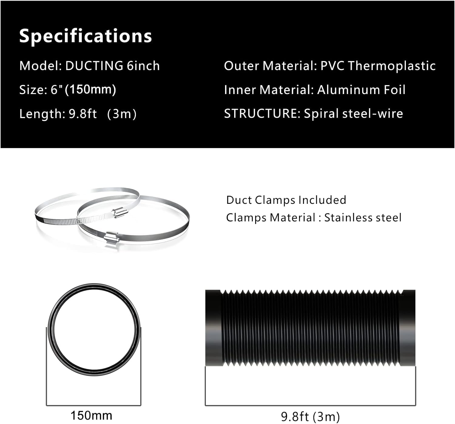 150Mm Condotti Tubo Di Ventilazione Flessibile in Alluminio PVC per Aerazione Domestica, Hydroponics(3 Metri)