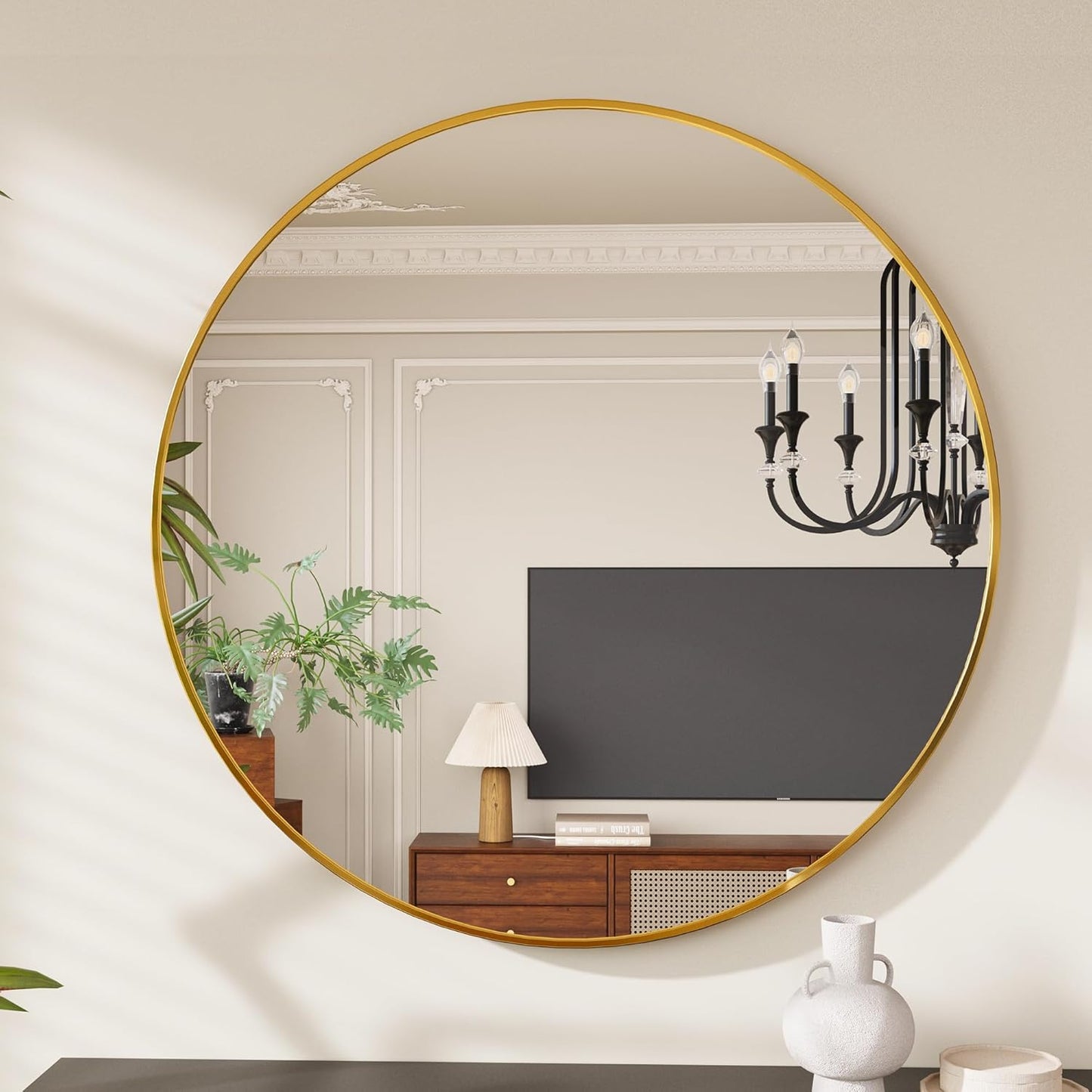 Specchio Rotondo Con Cornice in Metallo HD, Decorativo Da Parete, Diametro 40 Cm, per Bagno, Corridoio, Spogliatoio, Soggiorno E Altro Ancora (Oro)