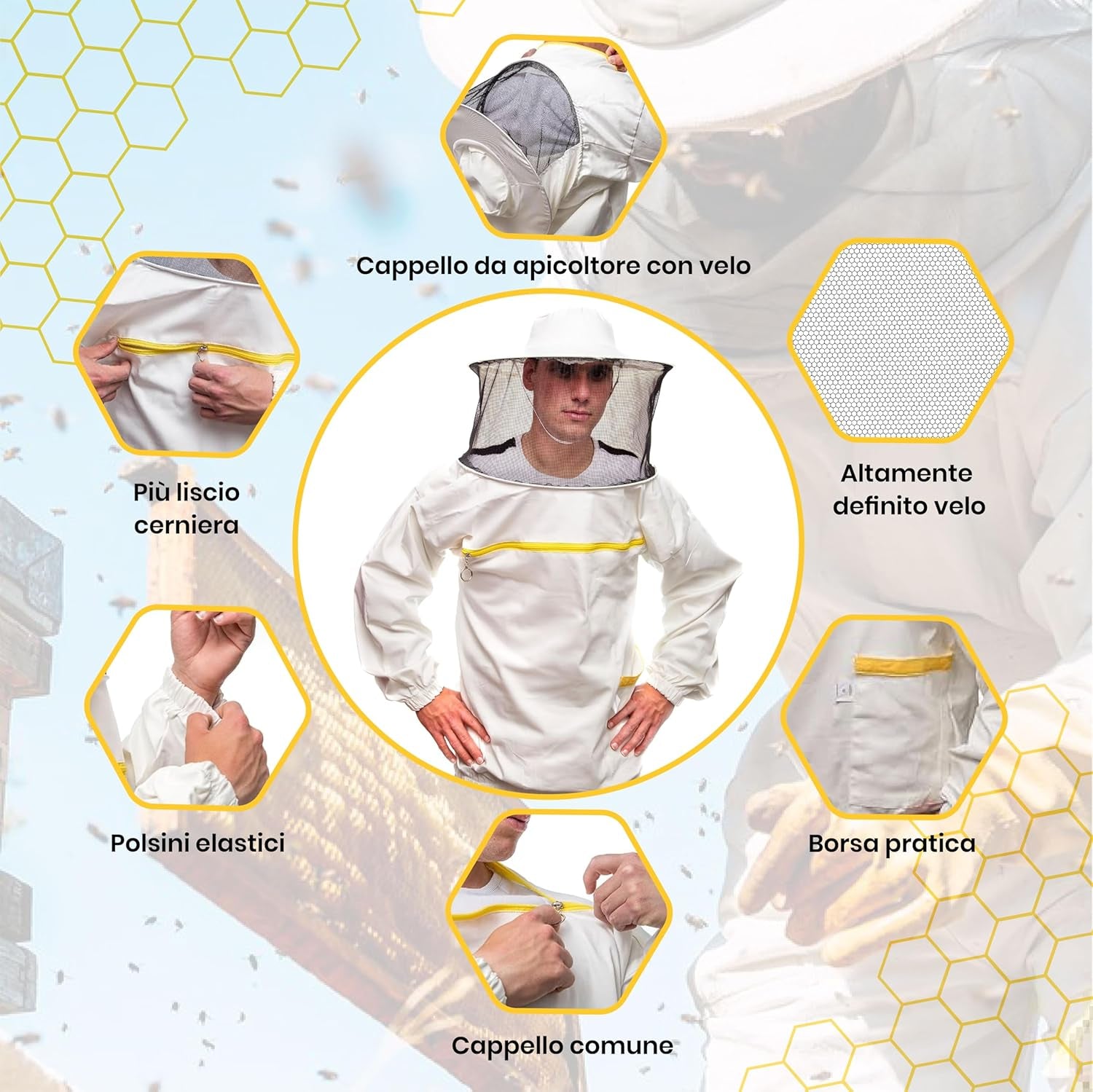Abbigliamento Da Apicoltore Di Qualità. Costume Da Apicoltore Con Polsino Elastico E Cappello Tondo. Tuta Da Apicoltore Professionale Che Respinge Le Api E Gli Insetti. Bianca M