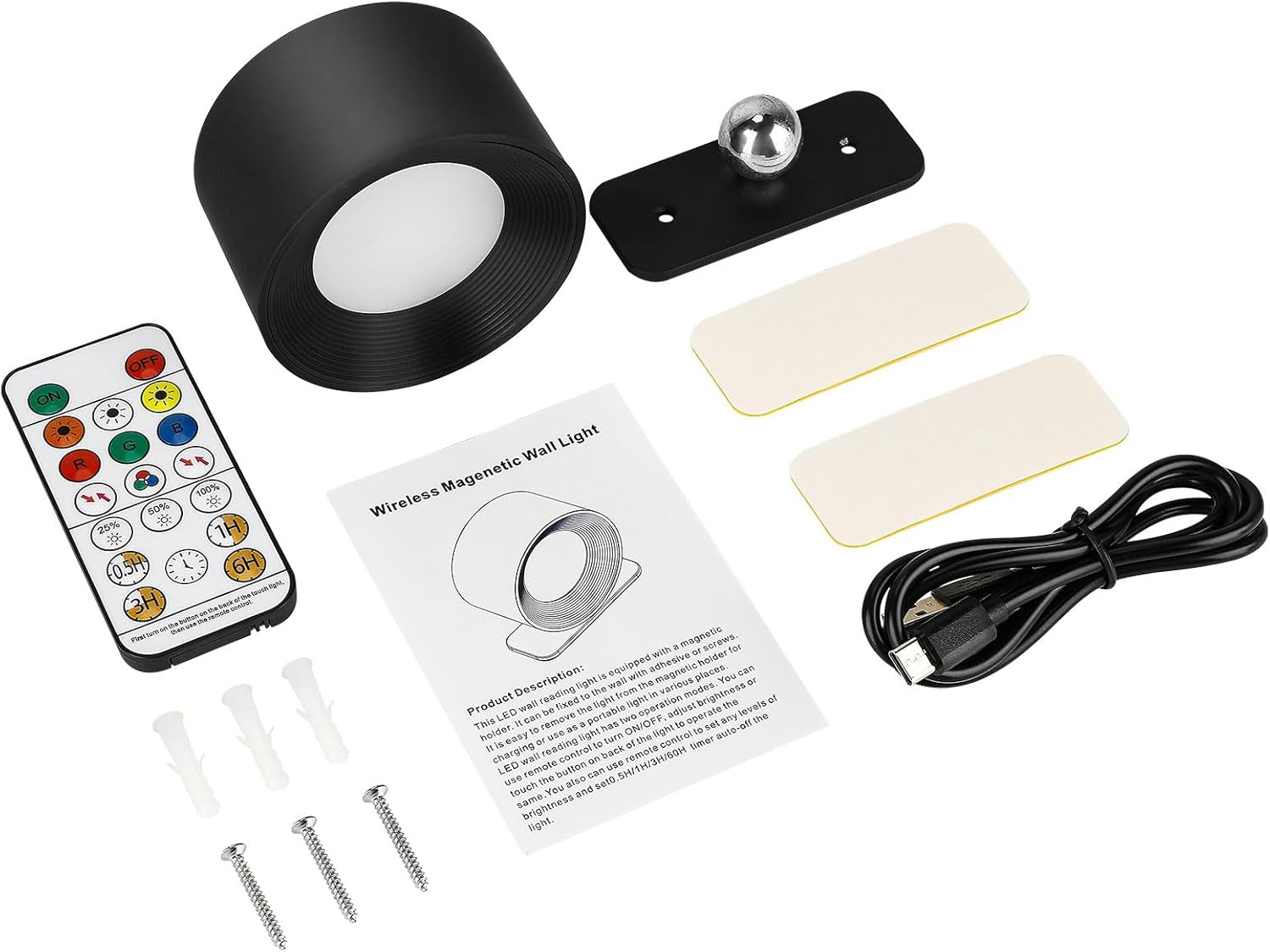 RGB Dimmerabile Lampada a Parete Con Batterie Wireless LED Applique Da Parete Interno Controllo Remoto Luce Da Parete 360 ° Rotante per Soggiorno, Camera Da Letto, Studio (Nero 1PC)