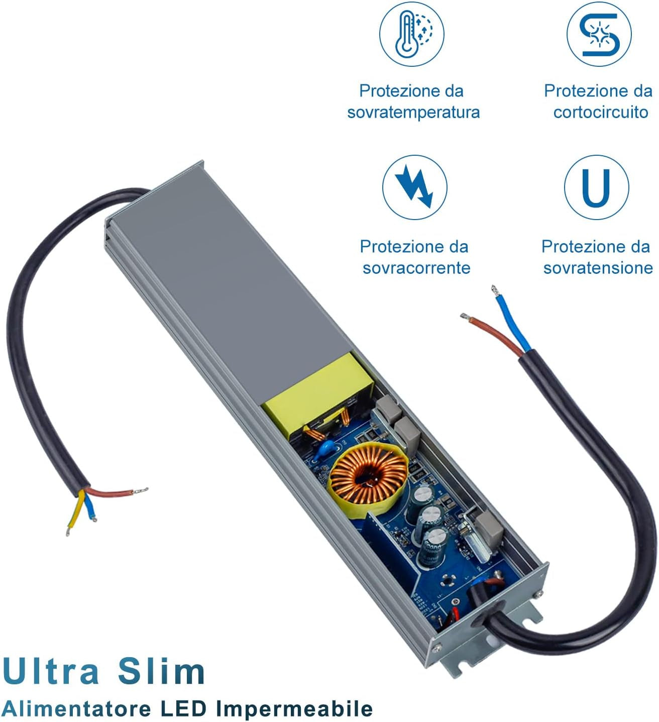 Trasformatore LED 24V 60W Alimentatore 220 24V DC, IP67 LED Driver 2.5A Impermeabile per Esterni, Adattatore LED a Tensione Costante per Strisce LED Luci per Armadi E Lampadine LED -