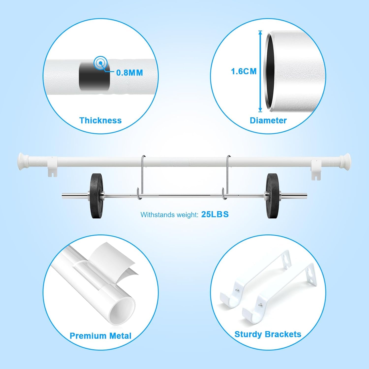 Bastoni per Tende  - Bastoni per Tende Da Esterno Resistenti Da 76 a 157 Cm - Bastoni per Tende Bianchi Opachi Regolabili Da 1,6 Cm per Patio, Porta Scorrevole in Vetro, Soggiorno, 2 Pezzi