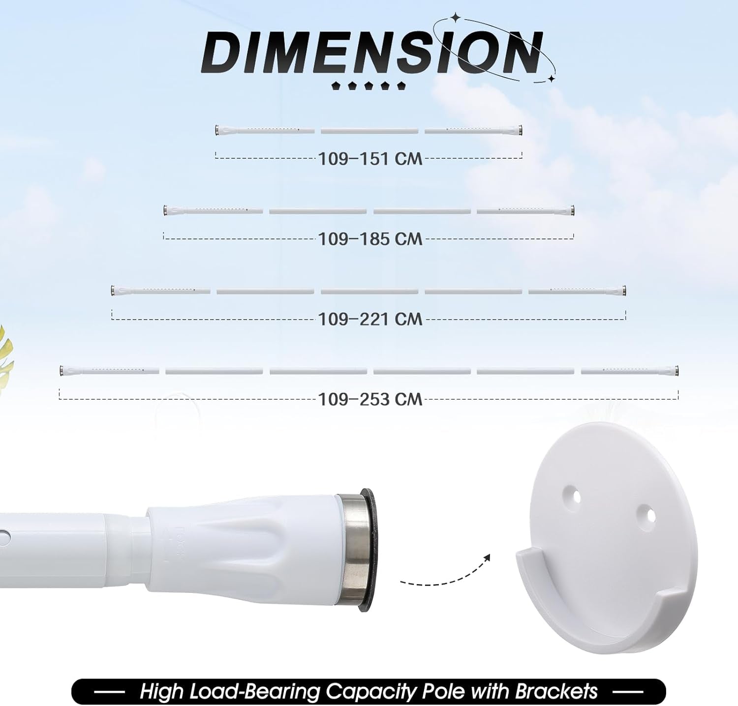 Bastone per Tenda Da Doccia, 109-221 Cm, Con Supporto per Asta per Tenda Da Doccia, Colore: Bianco